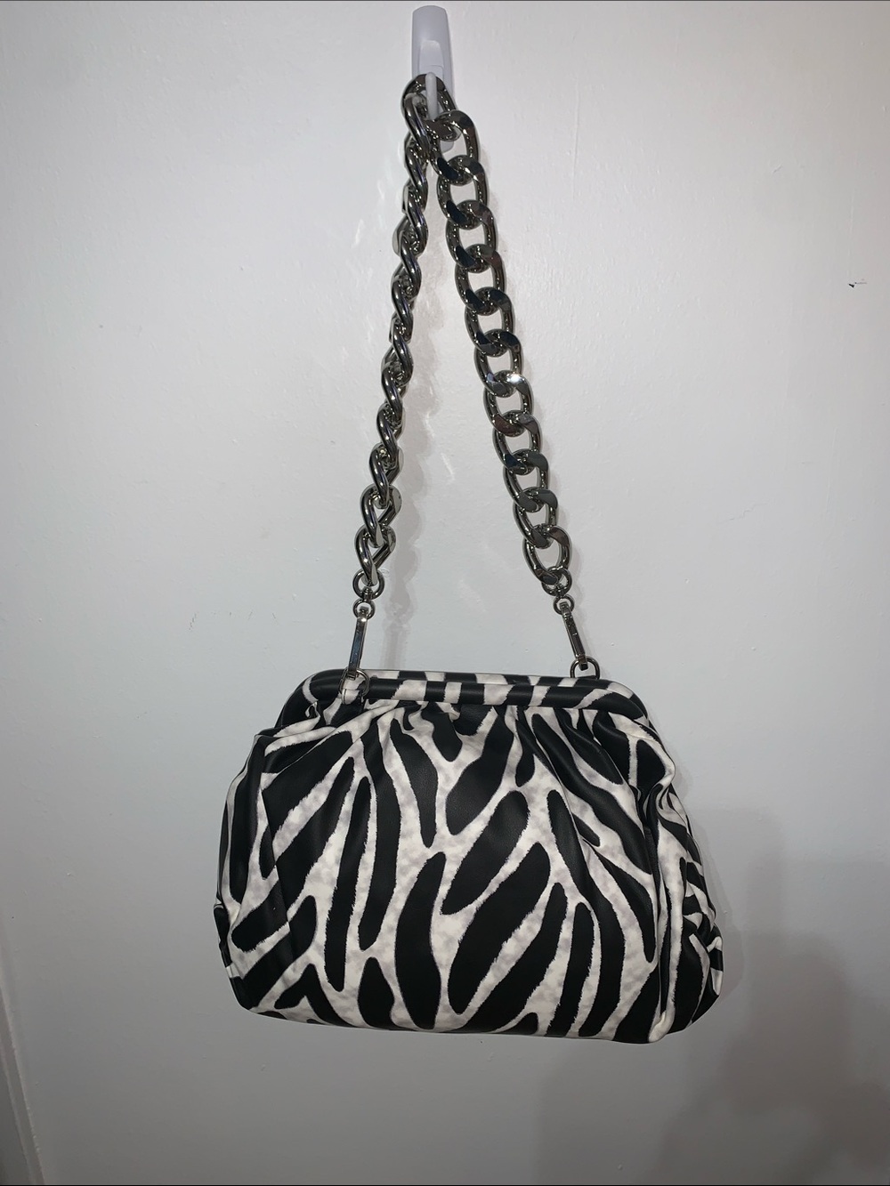 Steve Madden Black and White Zebra Shoulder Bag with Chunky Chain